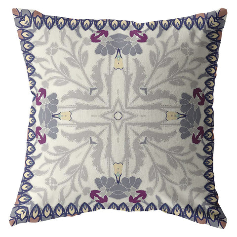 26" Gray Floral Frame Indoor Outdoor Throw Pillow