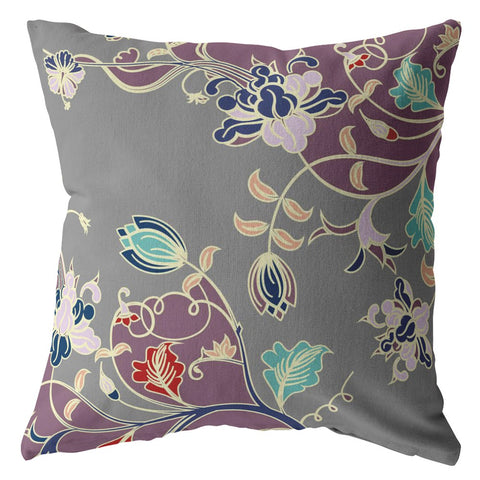 26" Purple Gray Garden Indoor Outdoor Throw Pillow