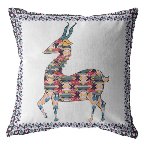 26" Blue White Boho Deer Indoor Outdoor Throw Pillow