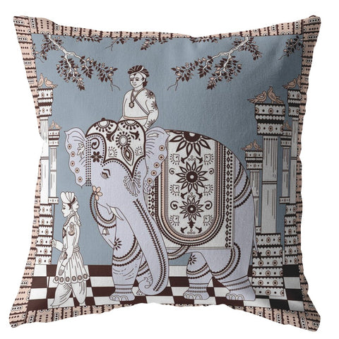 26��� Blue Brown Ornate Elephant Indoor Outdoor Throw Pillow