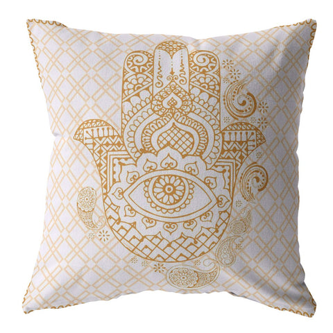 26��� Gold White Hamsa Indoor Outdoor Throw Pillow