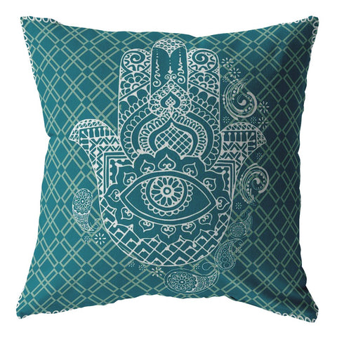 20��� Teal White Hamsa Indoor Outdoor Throw Pillow