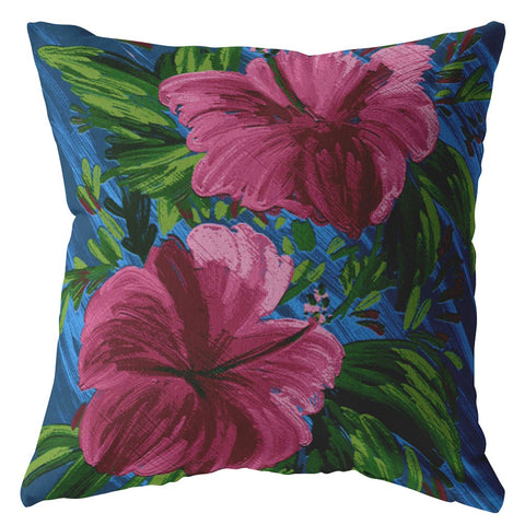 20��� Pink Blue Hibiscus Indoor Outdoor Throw Pillow