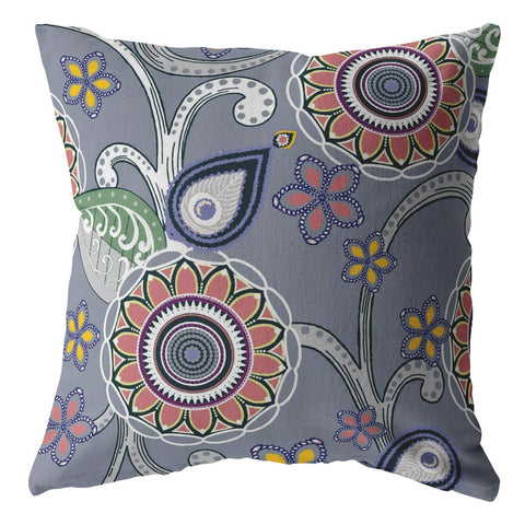 26��� Gray Pink Floral Indoor Outdoor Throw Pillow