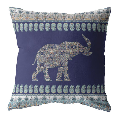 20��� Navy Ornate Elephant Indoor Outdoor Throw Pillow