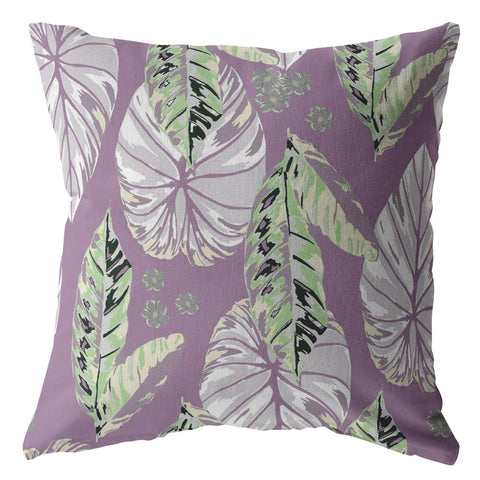 20��� White Purple Tropical Leaf Indoor Outdoor Throw Pillow