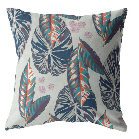 26��� Blue Gray Tropical Leaf Indoor Outdoor Throw Pillow