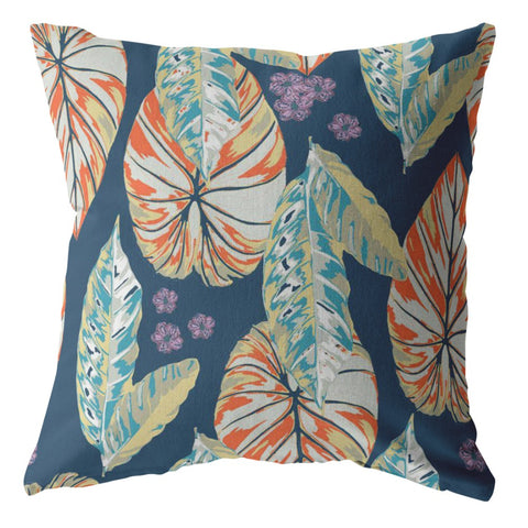 20��� Orange Blue Tropical Leaf Indoor Outdoor Throw Pillow