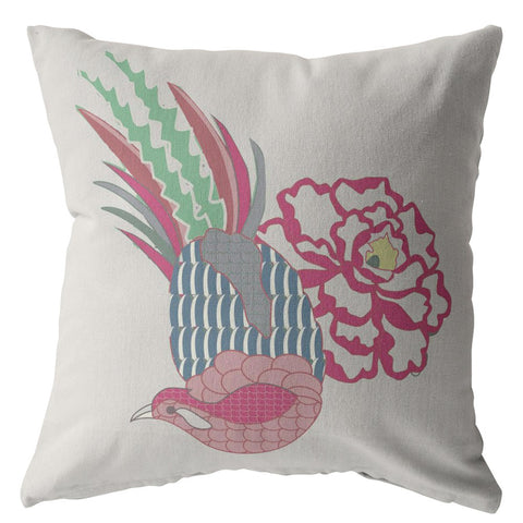 20��� Pink White Peacock Indoor Outdoor Zippered Throw Pillow