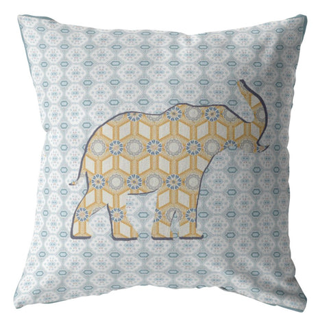 26" Blue Yellow Elephant Indoor Outdoor Zip Throw Pillow