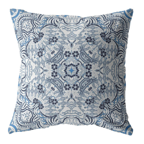 20��� Light Blue Boho Ornate Indoor Outdoor Zippered Throw Pillow