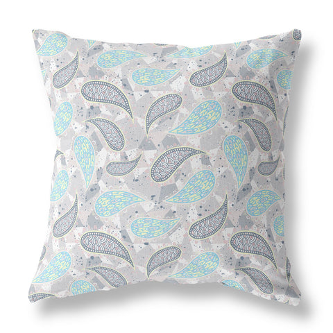 26��� Gray Turquoise Boho Paisley Indoor Outdoor Throw Pillow