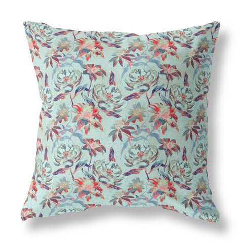 20��� Red Aqua Roses Indoor Outdoor Throw Pillow