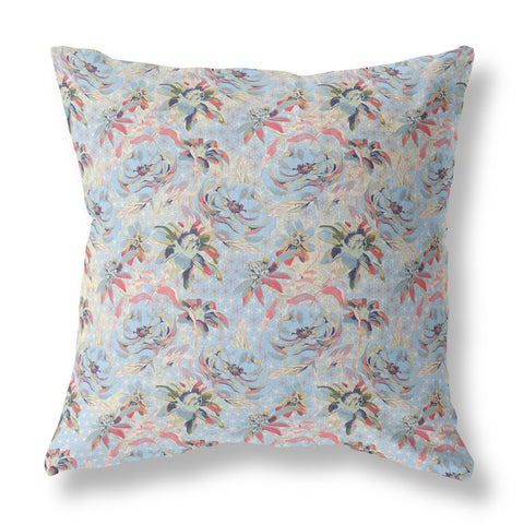 20��� Light Blue Red Roses Indoor Outdoor Throw Pillow