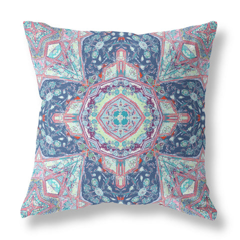 26" X 26" Blue And Pink Zippered Geometric Indoor Outdoor Throw Pillow Cover & Insert