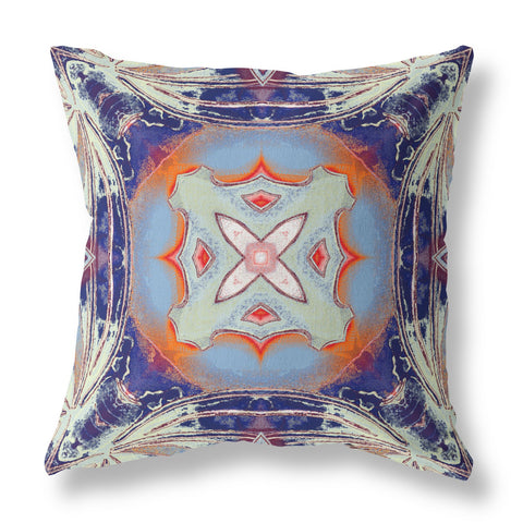 26"x26" Cream Grey Indigo Light Blue Orange Zippered Broadcloth Geometric Throw Pillow