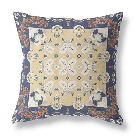 26" X 26" Blue Yellow Broadcloth Floral Throw Pillow