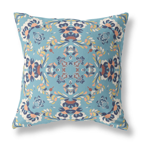 26" X 26" Gray And Blue Broadcloth Floral Throw Pillow