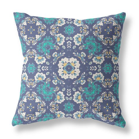 26" X 26" Blue And White Broadcloth Floral Throw Pillow