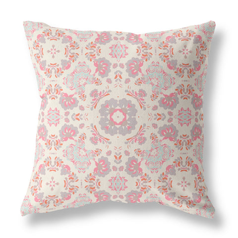 26" X 26" Pink And White Broadcloth Floral Throw Pillow