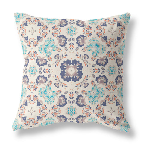 26" X 26" Off White And Blue Broadcloth Floral Throw Pillow