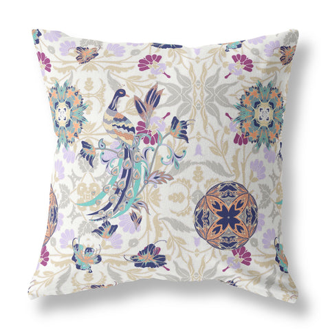 26" X 26" White And Purple Broadcloth Floral Throw Pillow