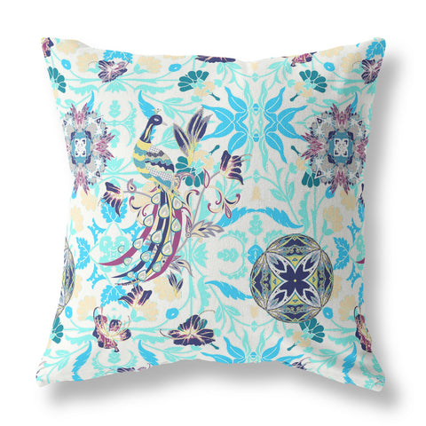 26" X 26" White And Blue Broadcloth Floral Throw Pillow