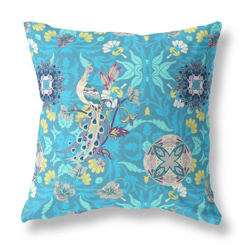 26" X 26" Blue And Turquoise Broadcloth Floral Throw Pillow