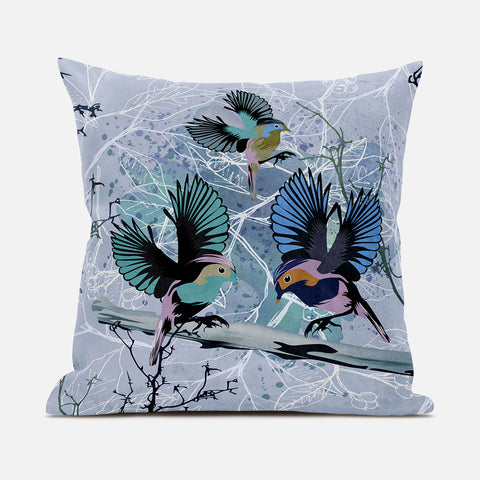 26x26 Blue Pink Gray Bird Blown Seam Broadcloth Animal Print Throw Pillow