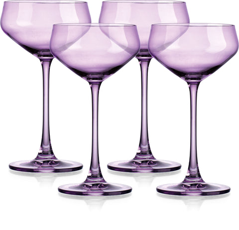 Set of Four Purple Crystal Shallow Bowl Stemmed Coupe