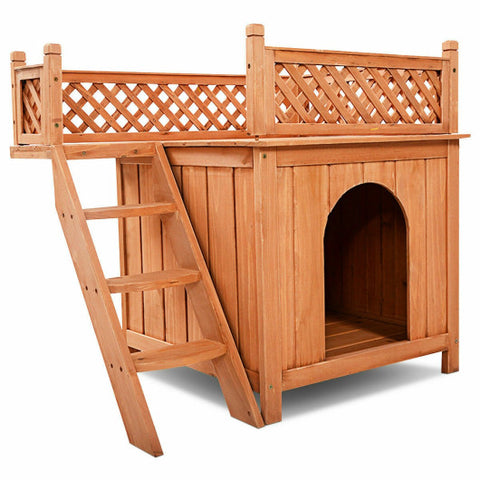 Wooden Dog House with Stairs and Raised Balcony for Puppy and Cat Wooden